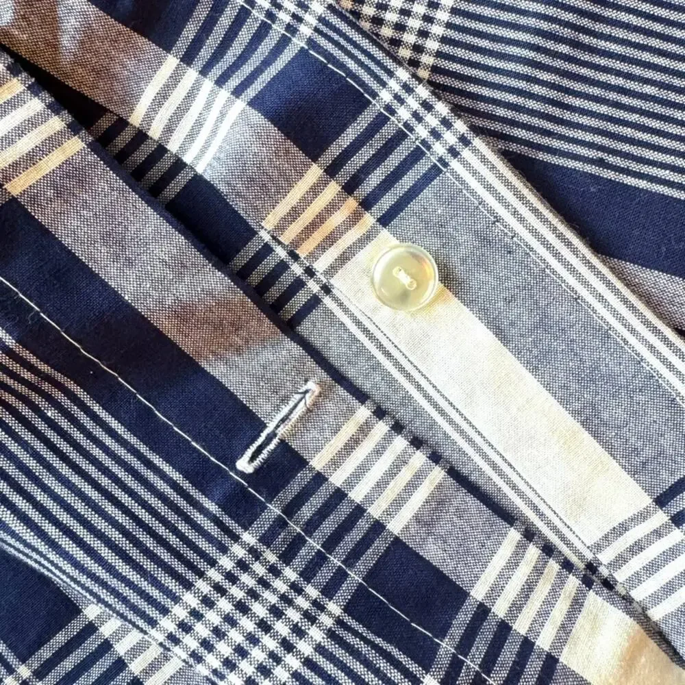 Yves Delorme King Duvet Cover Blue White Plaid 100% Cotton Luxury Made in France